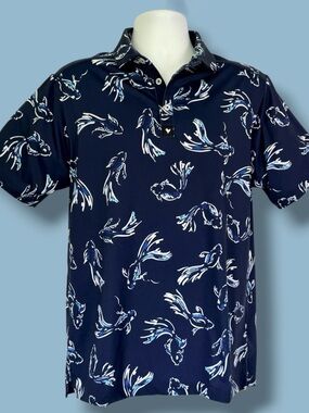 Bad Birdie Polo Shirt Mens M Blue Koi Fish Print Golf Performance Stretch